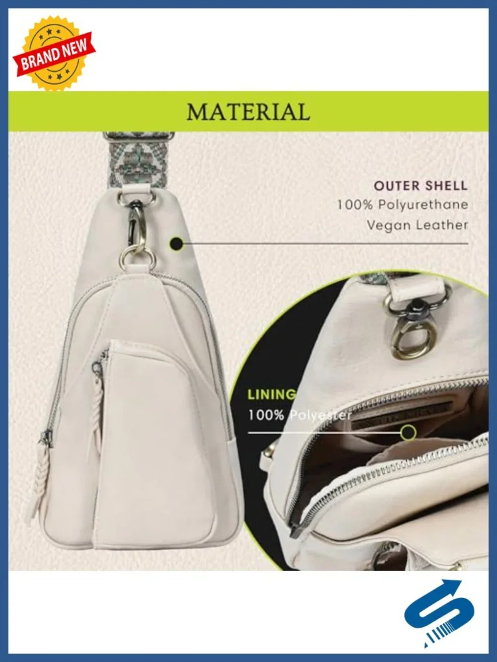 Vegan Leather Crossbody Sling Bag with Webbing Strap - Adjustable 16-20
